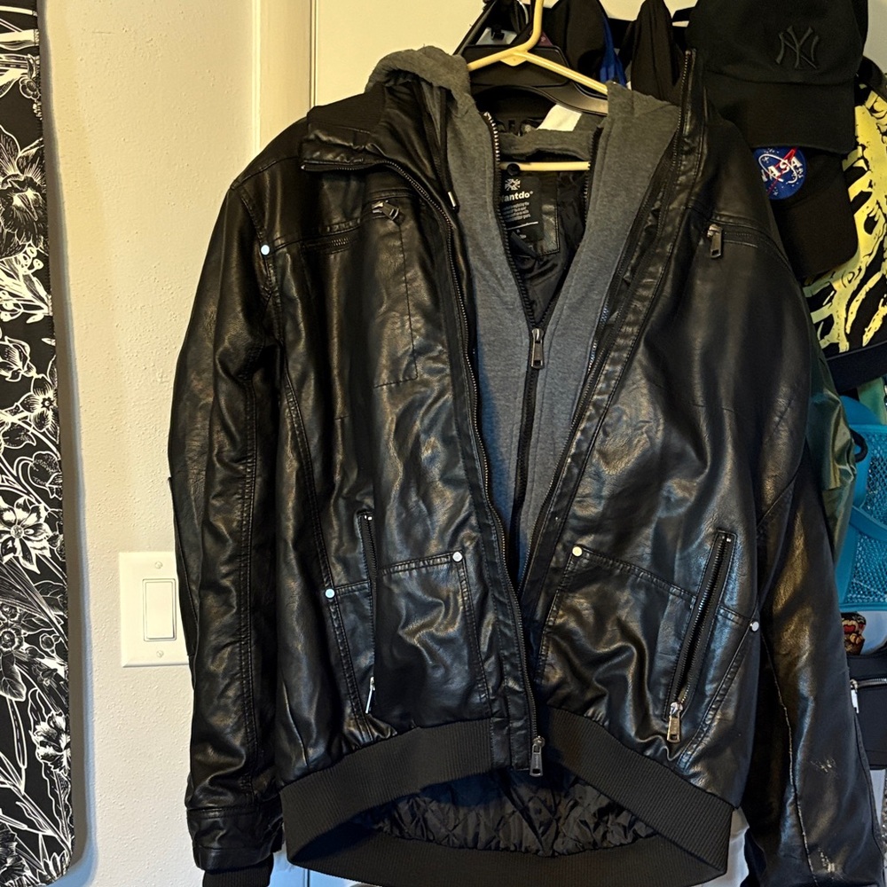 Black Leather Jacket with Hoodie